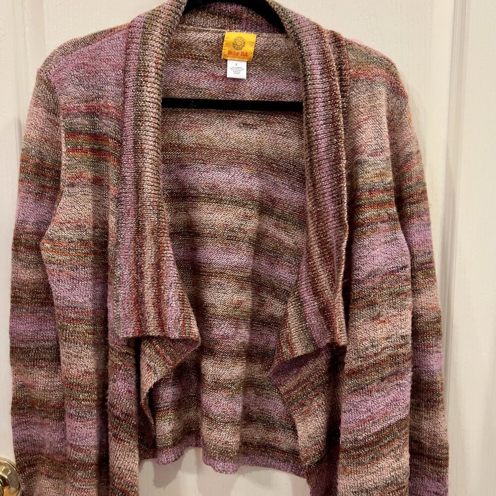 Ruby Rd Long Sleeve Striped Open Sweater Lavenders and Browns.  Size L